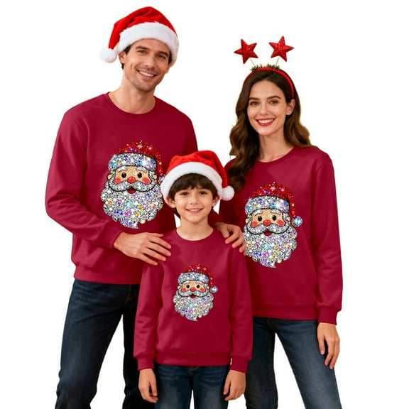 Fiaer Christmas Sweatshirts for Family Shine Santa Printed Xmas Pullover Crew Neck Long Sleeve Baggy Trendy Holiday Tops Men M