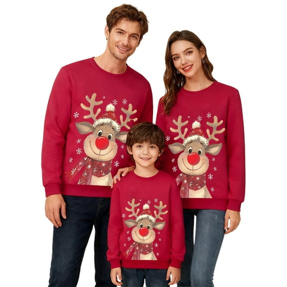 Fiaer Christmas Sweatshirts for Family Trendy Funny Reindeer Graphic Xmas Pullover Baggy Casual Crew Neck Warm Long Sleeve Holiday Tops Men XL
