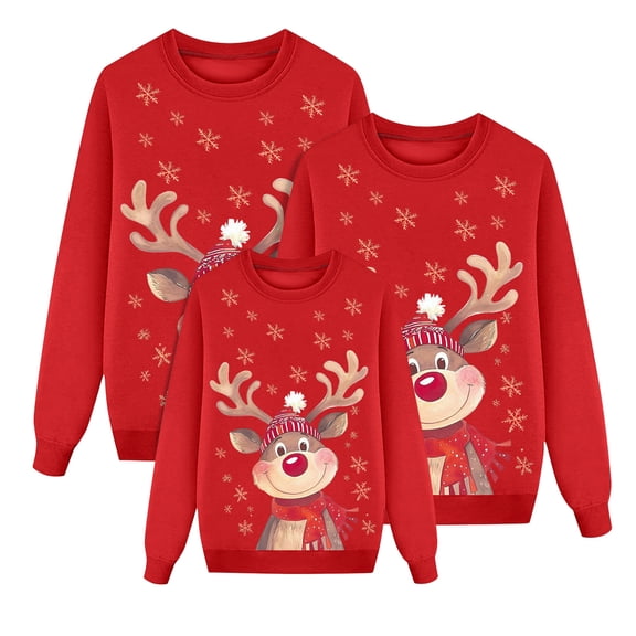 Fiaer Christmas Sweatshirts for Family Trendy Reindeer Printed Crew Neck Xmas Pullover Plus Size Long Sleeve Baggy Comfort Holiday Tops Women S