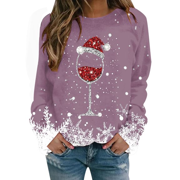Fiaer Christmas Sweatshirts for Women 2025 Glass Snowflakes Long Sleeve Top Crewneck Pullover Xmas Fall Winter Clothes Purple L