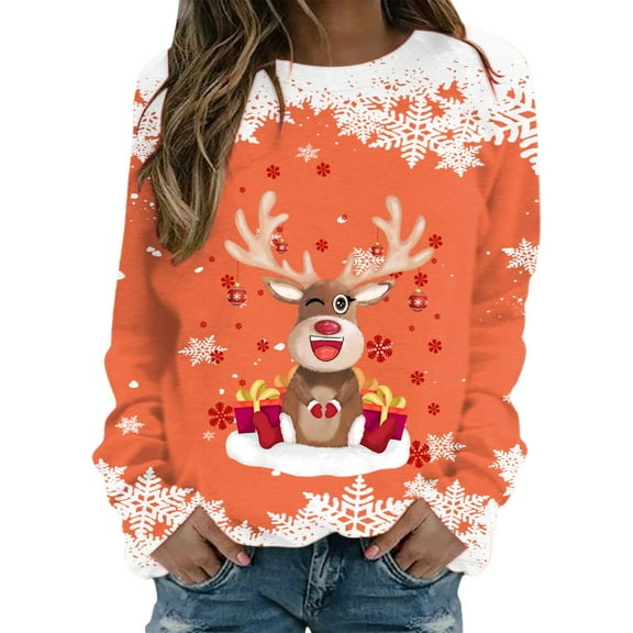Fiaer Christmas Sweatshirts for Women Crew Neck Deer Cute Funny Graphic Xmas Pullover Plus Size Baggy Trendy Long Sleeve Tops Orange XL