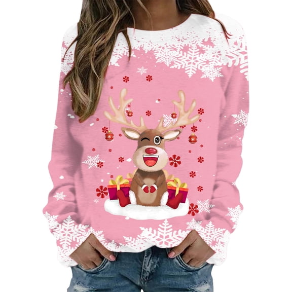 Fiaer Christmas Sweatshirts for Women Crew Neck Deer Cute Funny Graphic Xmas Pullover Plus Size Baggy Trendy Long Sleeve Tops Pink M