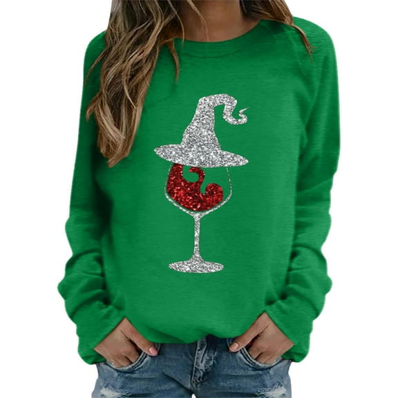 Fiaer Christmas Sweatshirts for Women Crew Neck Shine Wine Glass Trendy Pullover Loose Fit Long Sleeve Casual Tops Green S