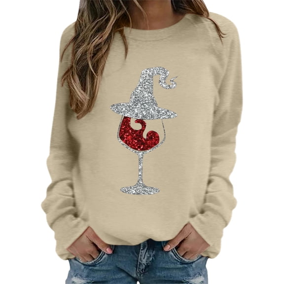 Fiaer Christmas Sweatshirts for Women Crew Neck Shine Glass Trendy Pullover Loose Fit Long Sleeve Casual Tops Khaki S