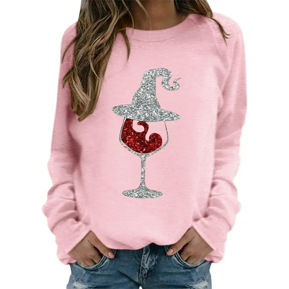 Fiaer Christmas Sweatshirts for Women Crew Neck Shine Wine Glass Trendy Pullover Loose Fit Long Sleeve Casual Tops Pink S