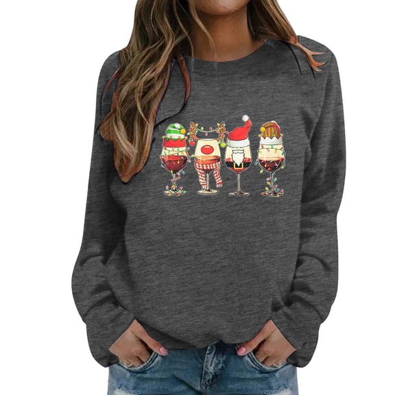 Fiaer Christmas Sweatshirts for Women Funny Graphic Crew Neck Xmas Tops Long Sleeve Plus Size Cozy Fall Pullover Dark Gray S