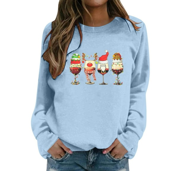Fiaer Christmas Sweatshirts for Women Funny Graphic Crew Neck Xmas Tops Long Sleeve Plus Size Cozy Fall Pullover Light Blue L