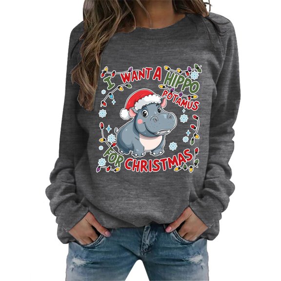 Fiaer Christmas Sweatshirts for Women I Want to Do a Hippo for Christmas Pullover Plus Size Crew Neck Long Sleeve Trendy Tops Grey M