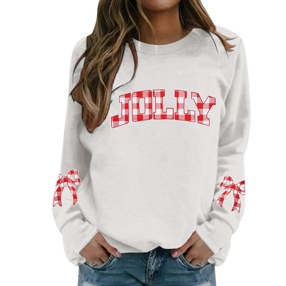 Fiaer Christmas Sweatshirts for Women Letter Bow Graphic Plus Size Pullover Crew Neck Casual Fashion Long Sleeve Tops White XXL