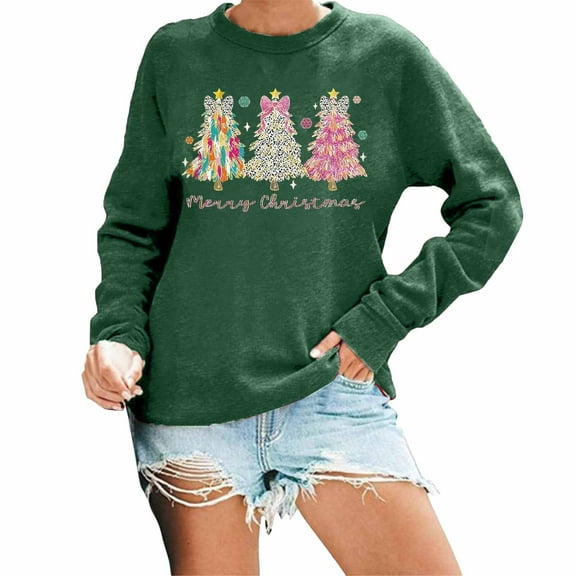 Fiaer Christmas Sweatshirts for Women Long Sleeve Crew Neck Xmas Tops Baggy Plus Size Cute Graphic Fashion Casual Pullover Green3 L