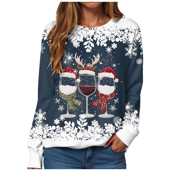 Fiaer Christmas Sweatshirts for Women Plus Size Trendy Pullover Glass Snowflake Printed Loose Fit Casual Tops Navy S