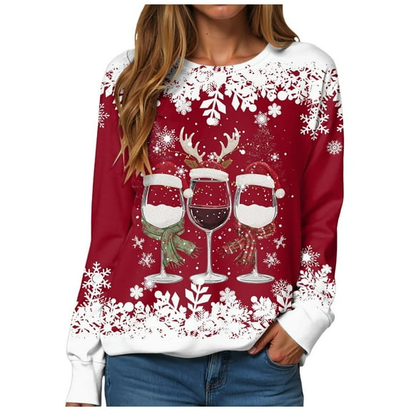 Fiaer Christmas Sweatshirts for Women Plus Size Trendy Pullover Wine Glass Snowflake Printed Loose Fit Casual Tops Red XXL