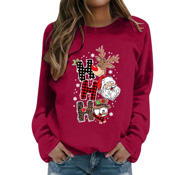 Fiaer Christmas Sweatshirts for Women Santa Reindeer Snowman Crew Neck Tops Long Sleeve Funny Graphic Tops Red XXL