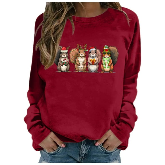 Fiaer Christmas Sweatshirts for Women Squirrel Christmas Pullover Xmas No Hooded Hoodie Cute Graphic Long Sleeve Plus Size Tops Red M
