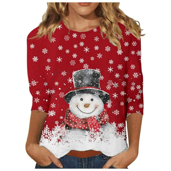 Fiaer Christmas T Shirts for Women Oversized 3/4 Sleeve Crew Neck Snowman Snowflakes Graphic Holiday Graphic Tee Fall Loose Fit Casual Trendy Tops Red XL