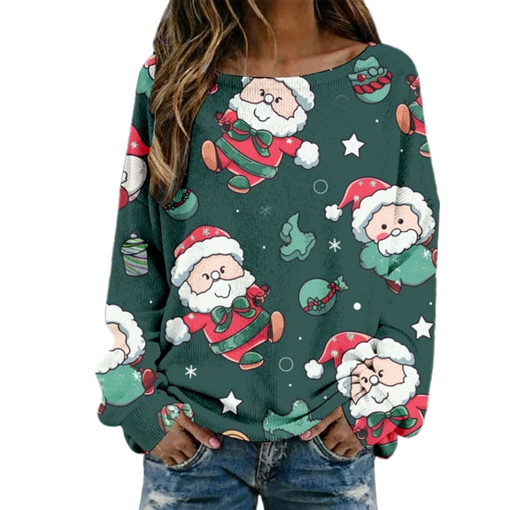 Fiaer Christmas T Shirts for Women 2025 Funny Crew Neck Tshirts Long Sleeve Plus Size Loose Fit Casual Xmas Tops Dark Green S