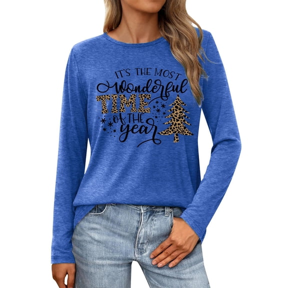 Fiaer Christmas T Shirts for Women Cute Graphic Merry Xmas Tshirts Plus Size Long Sleeve Loose Fit Casual Crew Neck Trendy Comfort Tops Blue XL