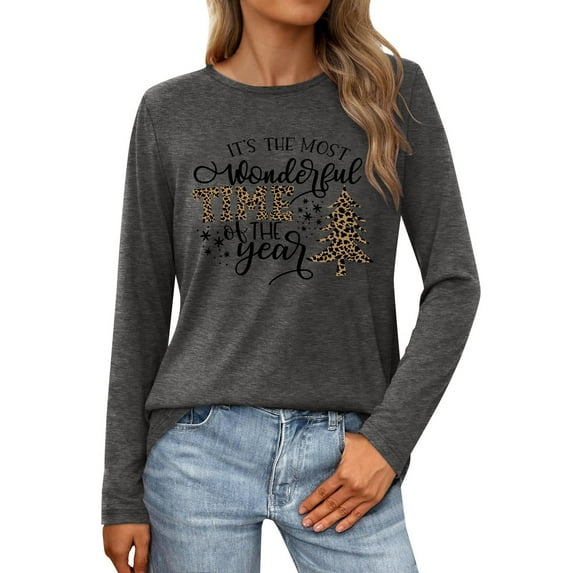 Fiaer Christmas T Shirts for Women Cute Graphic Merry Xmas Tshirts Plus Size Long Sleeve Loose Fit Casual Crew Neck Trendy Comfort Tops Dark Gray XXL