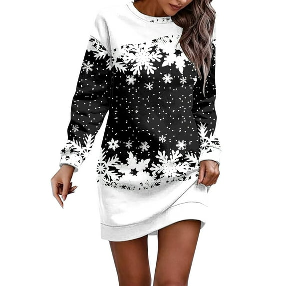 Fiaer Christmas Themed Dresses for Women Casual Long Sleeve Party Tunic Dress Snowflake Graphic Winter Holiday Party Pullover Dress Black XXL