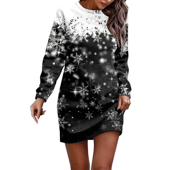 Fiaer Christmas Themed Dresses for Women Retro Long Sleeve Party Tunic Dress Snowflake Graphic Winter Holiday Party Pullover Dress Black XXXL