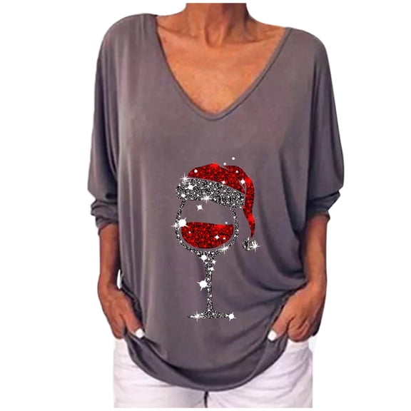 Fiaer Christmas Tshirts Women V Neck Oversized Trendy T Shirts Long Sleeve Wine Glass Funny Back Button Loose Fit Tops Grey XXXL