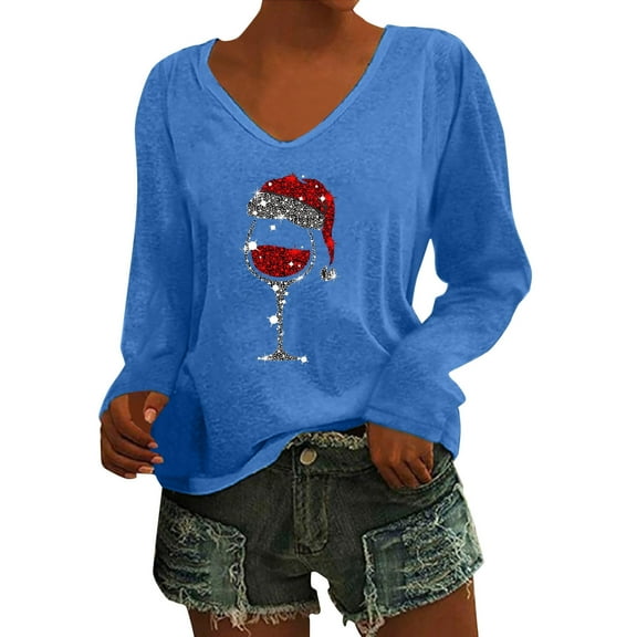 Fiaer Christmas White Long Sleeve Shirts for Women V Neck Shine Glass T Shirts Plus Size Loose Fit Tops Blue XXL