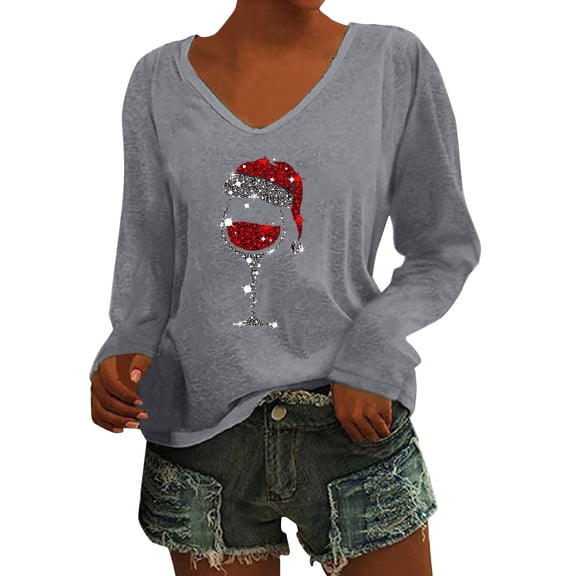 Fiaer Christmas White Long Sleeve Shirts for Women V Neck Shine Glass T Shirts Plus Size Loose Fit Tops Grey S