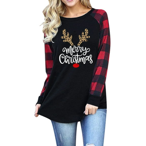 Fiaer Christmas Wome Plaid Long Sleeve T Shirts Cute Graphic Crew Neck Loose Fit Trendy Plus Size Casual Xmas Tops Black XL