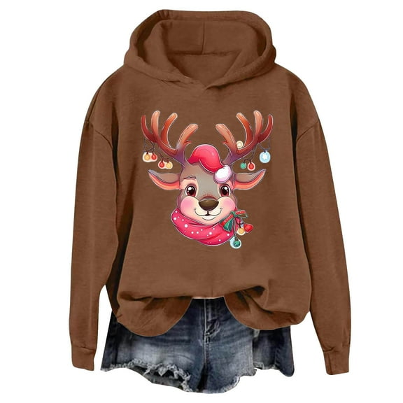Fiaer Christmas Women Hoodie Cute Reindeer Graphic Long Sleeve Hooded Sweatshirts Casual Plus Size Fashion Comfy Tops Brown S