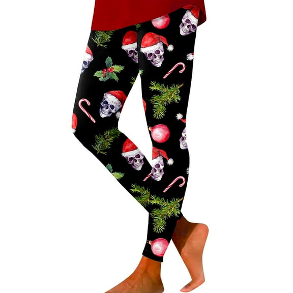 Fiaer Christmas Women Leggings Trendy Slim Fit Yoga Pants Santa Reindeer Snowflake Candy Sticks Graphic High Waisted Stretch Workout Trousers Black1 XXL