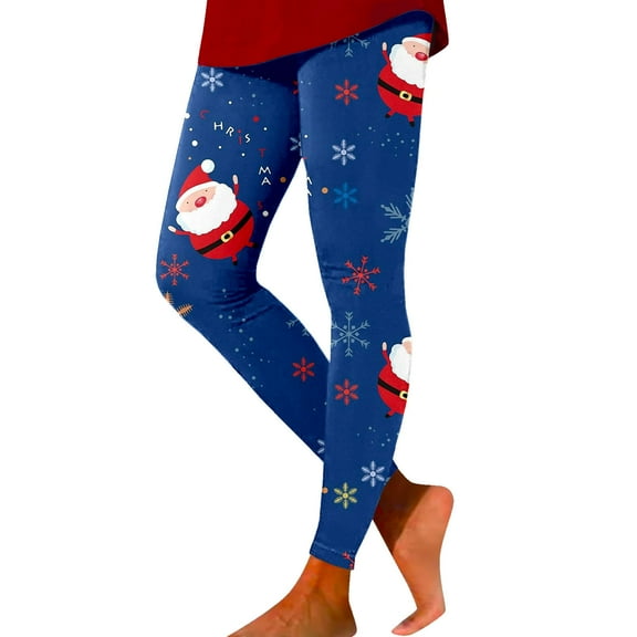 Fiaer Christmas Women Leggings Trendy Slim Fit Yoga Pants Santa Reindeer Snowflake Candy Sticks Graphic High Waisted Stretch Workout Trousers Blue XL