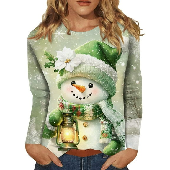 Fiaer Christmas Women Long Sleeve T Shirts Oversized Snowflake Snowman Crew Neck Xmas Tshirts Loose Fit Casual Fashion Holiday Tops Light Green1 M