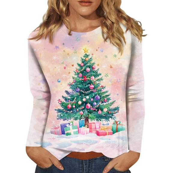 Fiaer Christmas Women Long Sleeve T Shirts Oversized Snowflake Snowman Crew Neck Xmas Tshirts Loose Fit Casual Fashion Holiday Tops Pink M