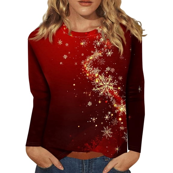 Fiaer Christmas Women Long Sleeve T Shirts Oversized Snowflake Snowman Crew Neck Xmas Tshirts Loose Fit Casual Fashion Holiday Tops Red2 M
