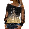 thumbnail image 1 of Fiaer Christmas Women Long T Shirts Sequin Mesh Tops Print Casual Splice off Shoulder Cold Loose Sleeve T-Shirt Shiny Tee Gold XXL, 1 of 4