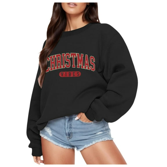 Fiaer Christmas Women Pullover Sweatshirts Letter Graphic Plus Size Crew Neck Long Sleeve Loose Fit Casual Trendy Warm Tops Black M