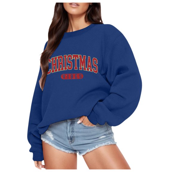 Fiaer Christmas Women Pullover Sweatshirts Letter Graphic Plus Size Crew Neck Long Sleeve Loose Fit Casual Trendy Warm Tops Blue M