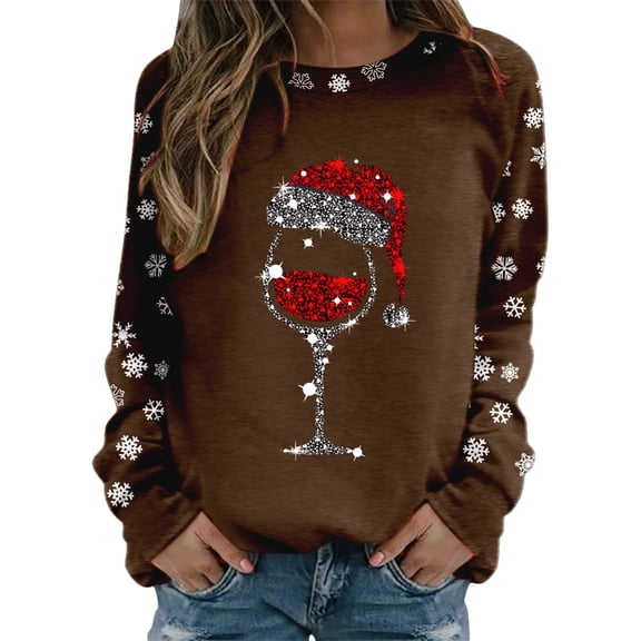 Fiaer Christmas Women Sweatshirts Shine Glass Snowflakes Xmas Pullovers Crew Neck Plus Size Baggy Trendy Tops Coffee S