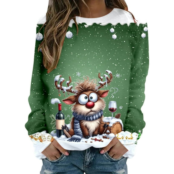 Fiaer Christmas Women Sweatshirts Trendy Funny Graphic Plus Size Tops Long Sleeve Crew Neck Fall Winter Pullover Green1 M