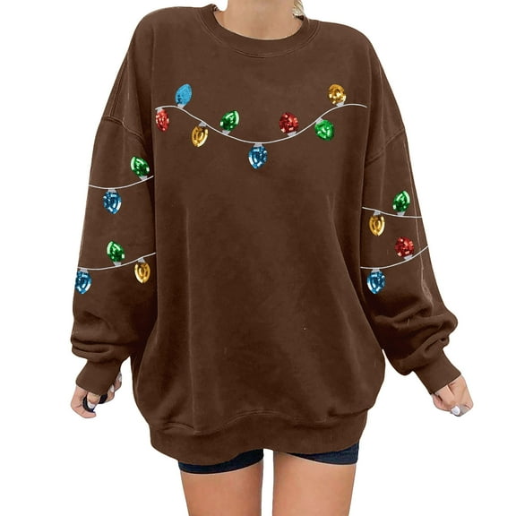 Fiaer Christmas Women Sweatshirts Trendy Lights Decor Relaxed Fit Pullover Fall Crew Neck Long Sleeve Plus Size Tops Coffee S
