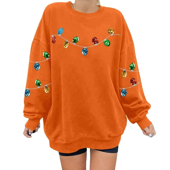 Fiaer Christmas Women Sweatshirts Trendy Lights Decor Relaxed Fit Pullover Fall Crew Neck Long Sleeve Plus Size Tops Orange M