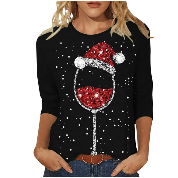 Fiaer Christmas Women T Shirts 3/4 Sleeve Glass Trendy Xmas Tshirts Crew Neck Oversized Loose Fit Tops Black XXXXXL