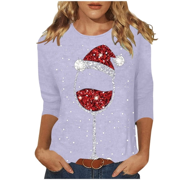 Fiaer Christmas Women T Shirts Shine Glass Trendy Tshirts Xmas 3/4 Sleeve Crew Neck Oversized Leisure Comfort Tops Light Purple S