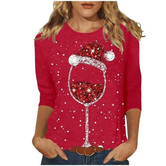 Fiaer Christmas Women T Shirts Shine Glass Trendy Tshirts Xmas 3/4 Sleeve Crew Neck Oversized Leisure Comfort Tops Red S