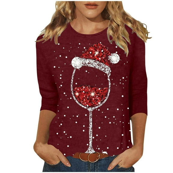 Fiaer Christmas Women T Shirts Shine Glass Trendy Tshirts Xmas 3/4 Sleeve Crew Neck Oversized Leisure Comfort Tops S