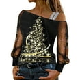 thumbnail image 1 of Fiaer Christmas Women Tshirts Cold Shoulder Mesh Spliced Xmas T Shirts Christmas Tree Glass Long Sleeve Shine Baggy Tops Yellow XL, 1 of 4