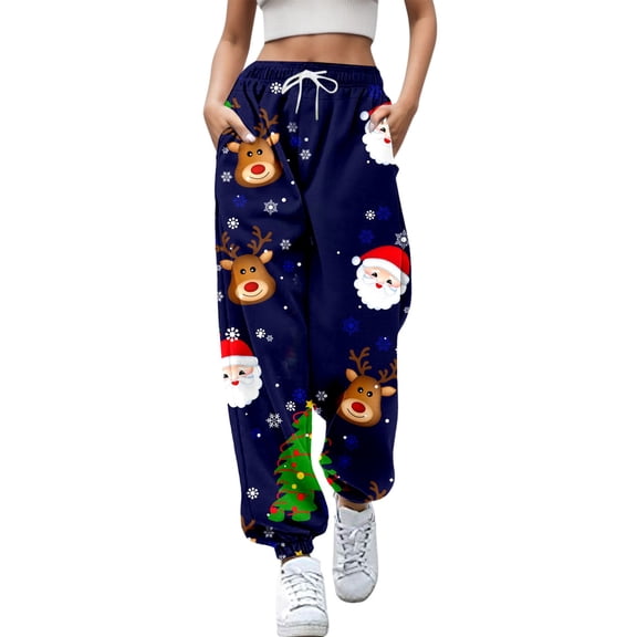 Fiaer Christmas Women's Sweatpants Baggy Plus Size Funny Graphic Xmas Pants Santa Printed Trendy Trousers Dark Blue L