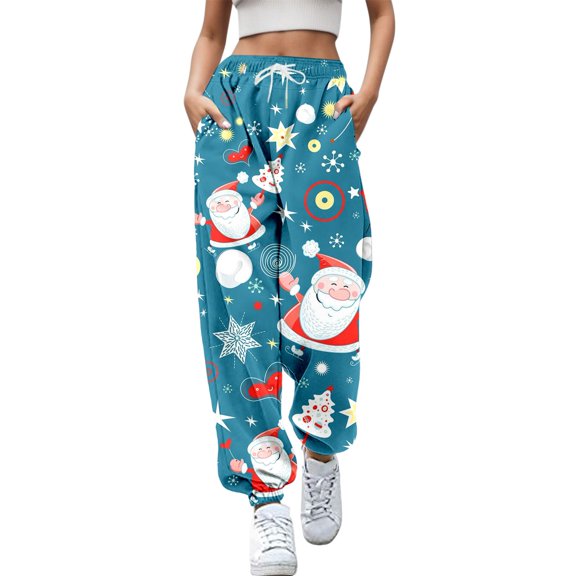 Fiaer Christmas Women's Sweatpants Baggy Plus Size Funny Graphic Xmas Pants Santa Printed Trendy Trousers Sky Blue L