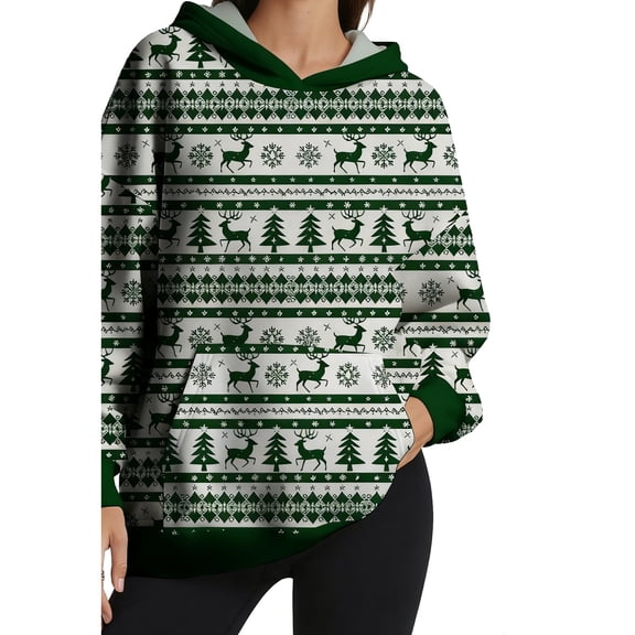 Fiaer Christmas Womens Hoodie Funny Graphic Oversized Hooded Sweatshirts Long Sleeve Baggy Fashion Pocket Xmas Tops Green XL