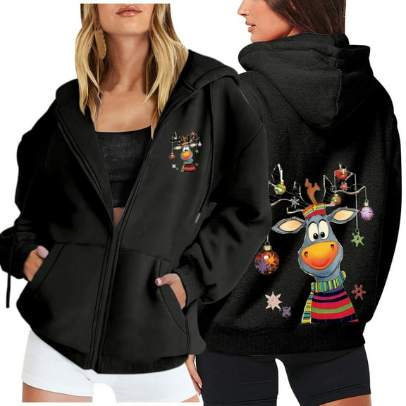 Fiaer Christmas Womens Hoodies Oversized Cute Graphic Full Zip up Hooded Jacket Drawstring Long Sleeve V-Neck Pocket Hooded Sweatshirts Black XXL